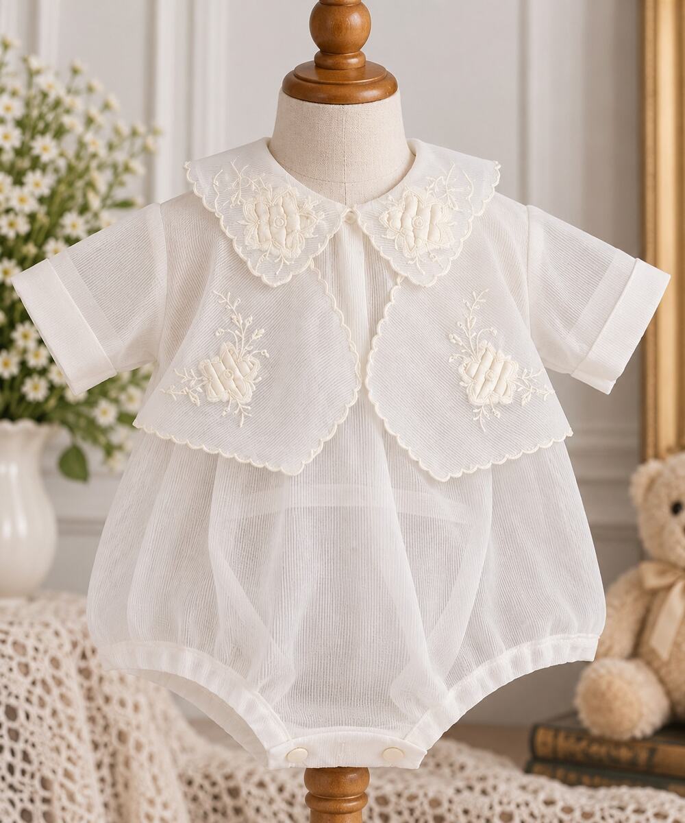 Vintage Baby Romper Sheer Embroidered Cape Collar Christening Baptism 16x10